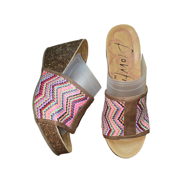 Blowfish Shoes - Blowfish Malibu Shoes Brown Pink Chevron Woven Cork Platform Wedge Slides SZ 6.5